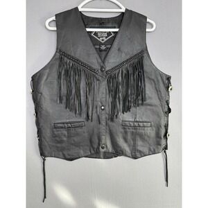 Vintage Diamond Plate Leather Motorcycle Vest Womens Large L Biker Lacing Fringe
